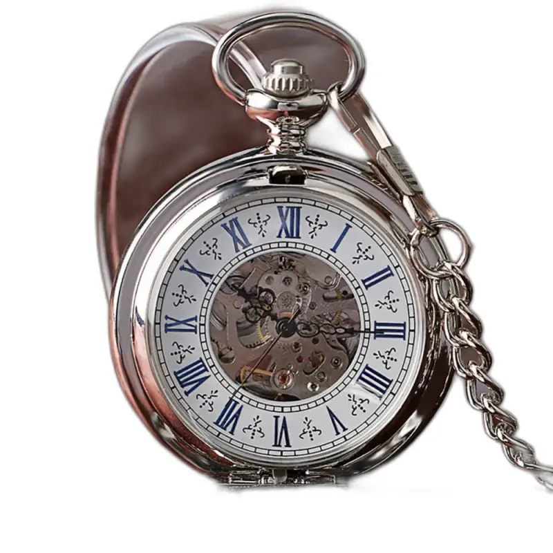 Montre à Gousset Mécanique Golden Sun Noir avec chaîne en argent, gousset mécanique élégant