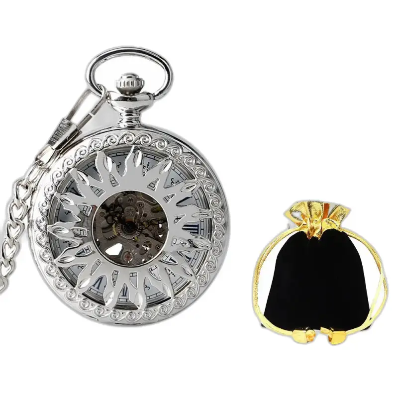Montre à gousset mécanique Golden Sun avec pochette en cuir élégante