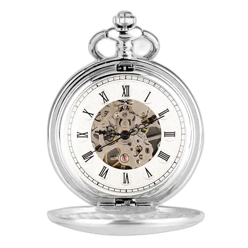 Montre à gousset mécanique lisse noir avec des engrenages visibles en argent