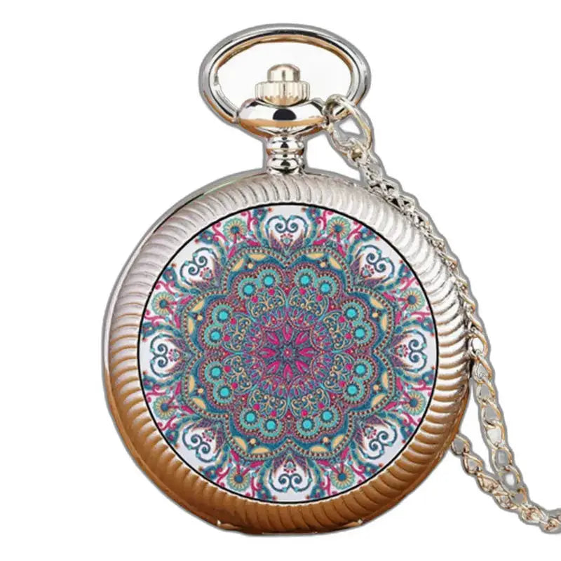 Montre Vintage Fleur Bleue en Or avec un mécanisme à quartz et design mandala coloré